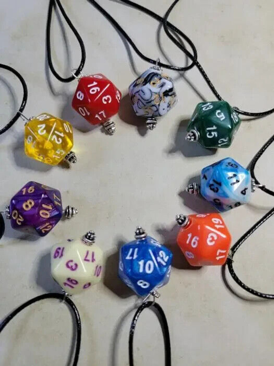D20 Dice Necklace - Marble Blue/Gold Numbers